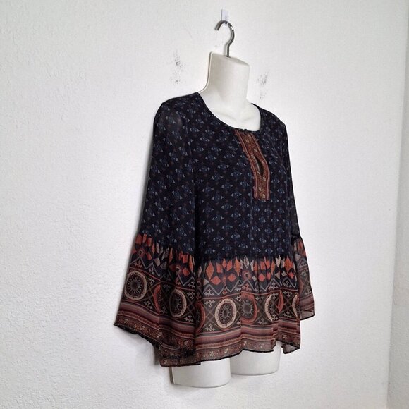 Joie Silk Babydoll Blouse Sz S Sheer Boho Western Aztec Coastal Cowgirl Artsy - Picture 3 of 14